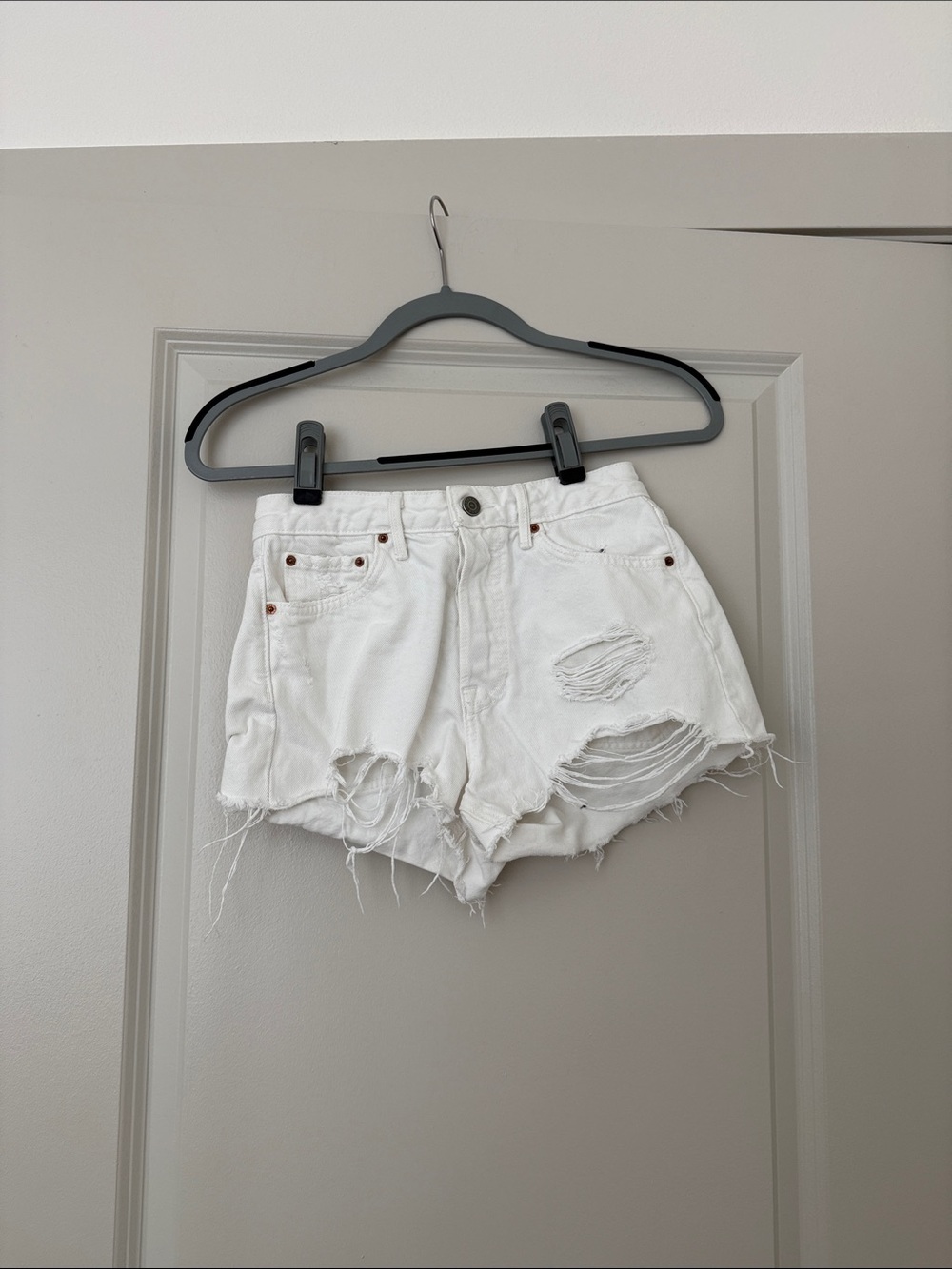 GRLFRND Distressed White Denim Shorts